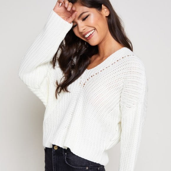 Small Ivory Lush V Neck Lace Up Back Long Sleeve Sweater - Picture 9 of 10